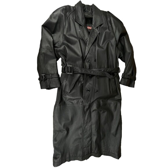 Phase 2 Long Leather Double Breast Trench Coat Men’s Large Black Zip Liner Goth - Picture 12 of 16
